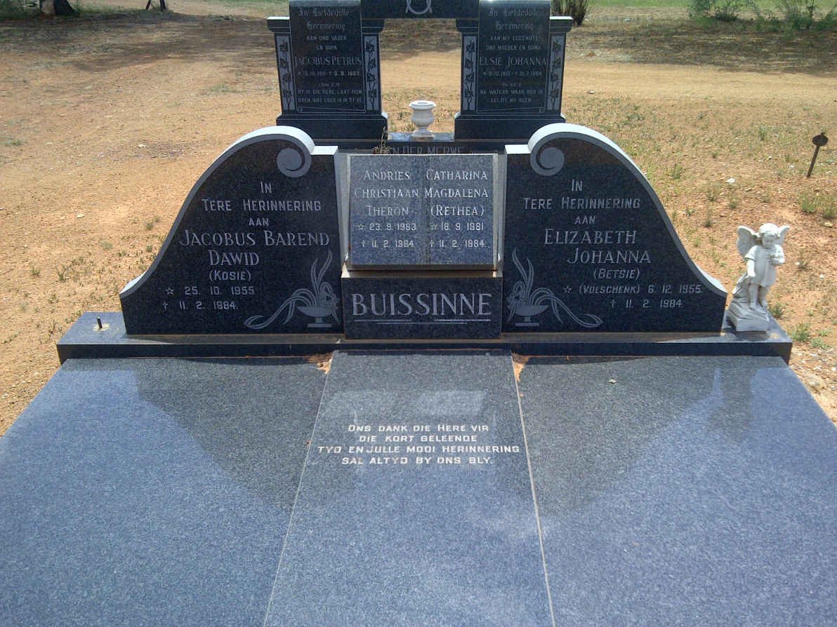BUISSINNE Jacobus Barend Dawid 1955-1984 &amp; Elizabeth Johanna VOLSCHENK 1955-1984 :: Andries Christiaan Theron 1953-1984 :: 