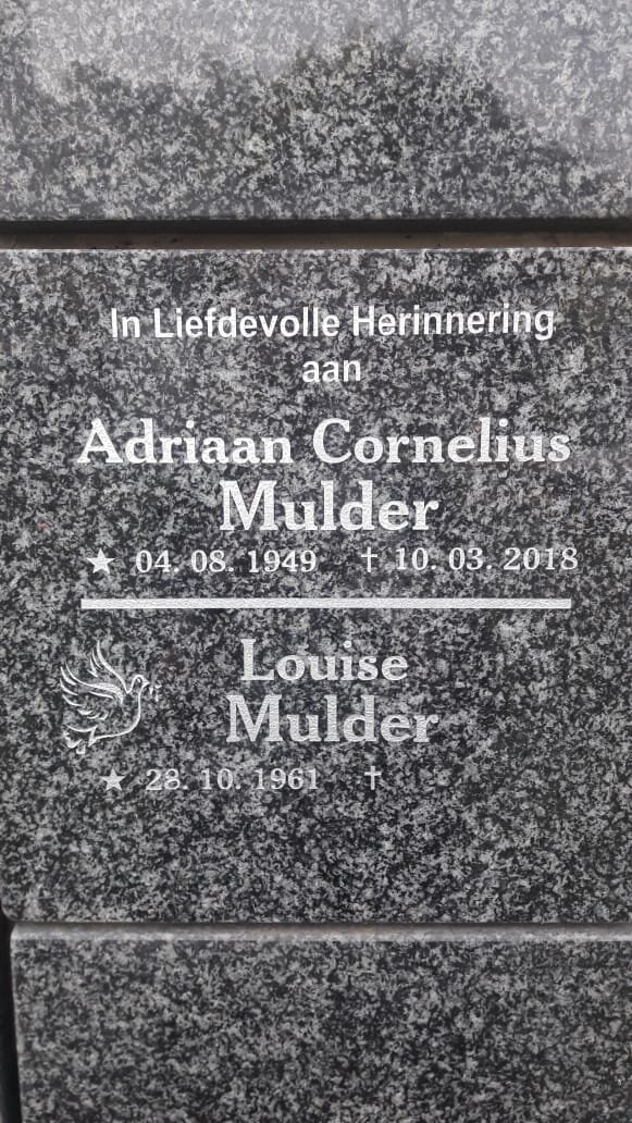MULDER Adriaan Cornelius 1949-2018 &amp; Louise 1961-