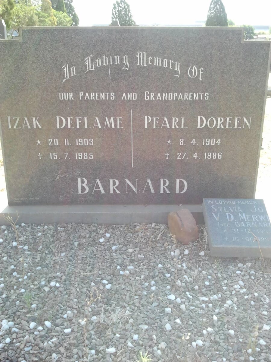 BARNARD Izak Deflame 1903-1985 &amp; Pearl Doreen 1904-1986 :: VAN DER MERWE Sylvia Joy nee BARNARD 1932-1995