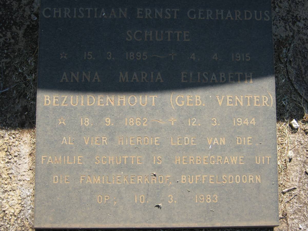 BEZUIDENHOUT Anna Maria Elizabeth nee VENTER 1862-1944 :: SCHUTTE Christiaan Ernst Gerhardus 1895-1915 