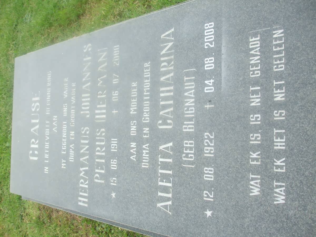 CRAUSE Hermanus Johannes Petrus 1911-2000 &amp; Aletta Catharina BLIGNAUT 1922-2008