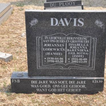 DAVIS Johannes Lodewicüs 1930-1990 &amp; Issabella Johanna Barendina BOTHA 1924-2002