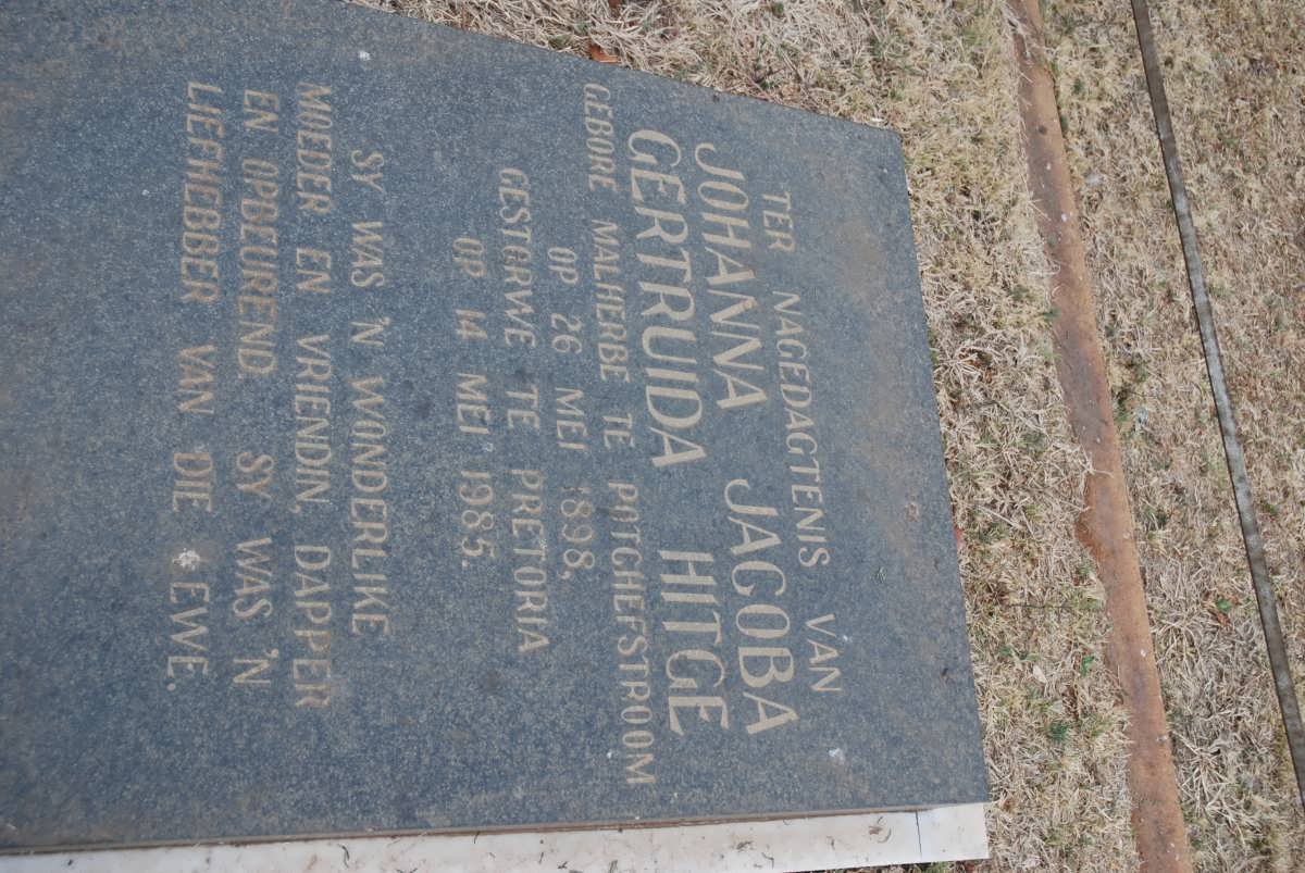 HITGE Johanna Jacoba Gertruida nee MALHERBE 1898-1985