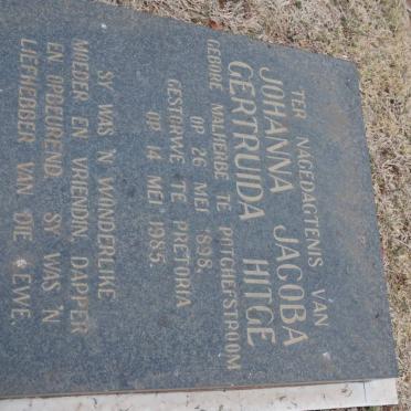 HITGE Johanna Jacoba Gertruida nee MALHERBE 1898-1985