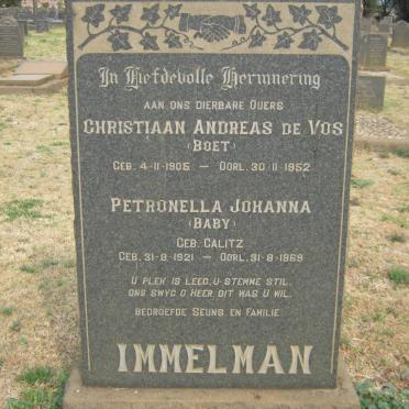 IMMELMAN Christiaan Andreas De Vos 1905-1952 &amp; Petronella Johanna CALITZ 1921-1969 