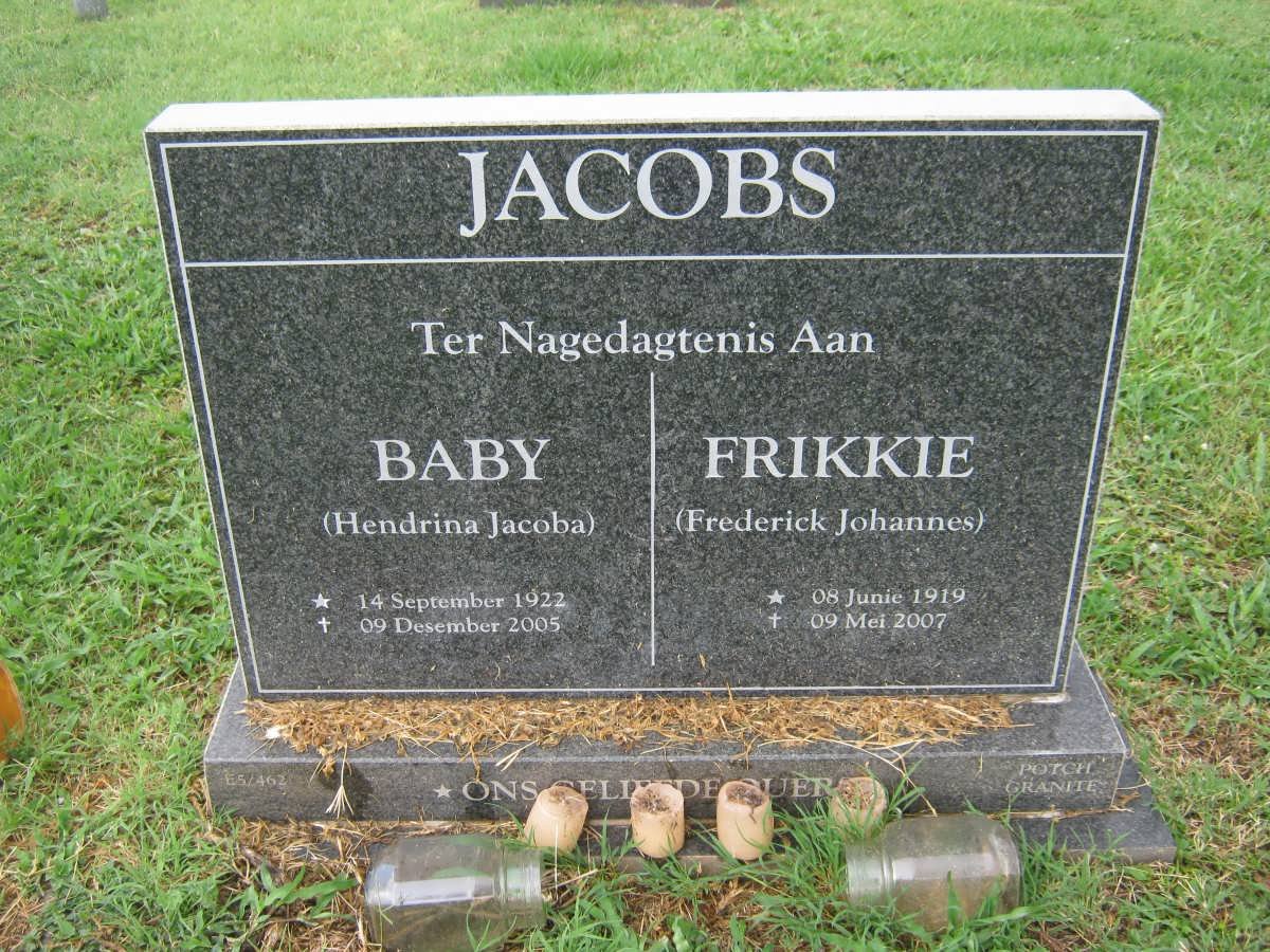 JACOBS Frederick Johannes 1919-2007 &amp; Hendrina Jacoba 1922-2005