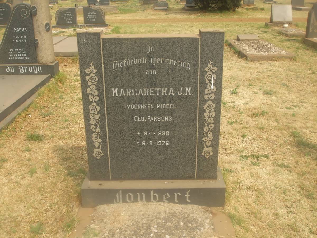 JOUBERT Margaretha J.M. formerly MIDDEL nee PARSONS 1898-1976