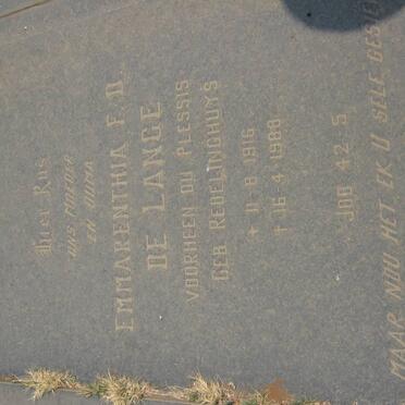LANGE Emmarentia F.D., de, formerly DU PLESSIS, nee REDELINGHUYS 1916-1988
