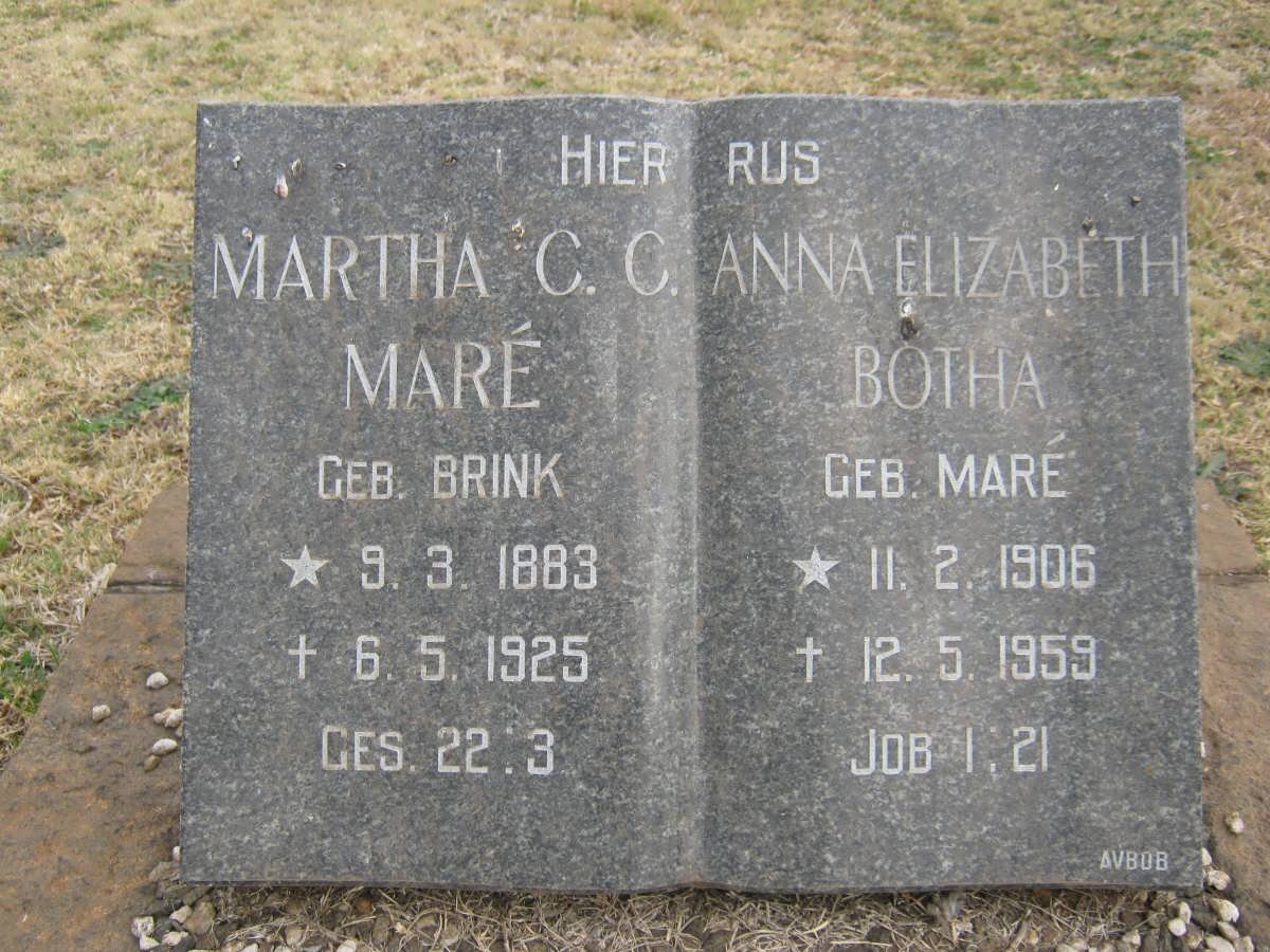 MARÉ Martha C.C. nee BRINK 1883-1925 :: BOTHA Anna Elizabeth nee MARE 1906-1959