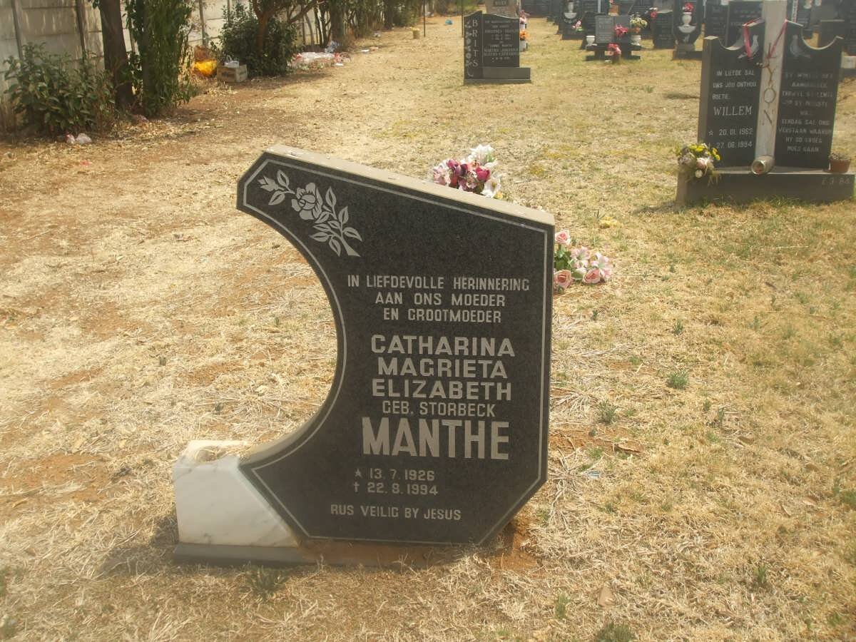 MANTHE Catharina Magrieta Elizabeth nee STORBECK 1926-1994