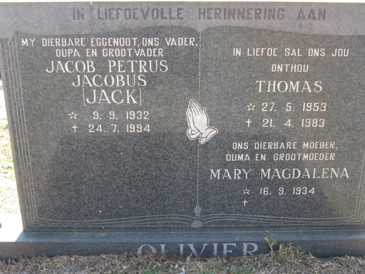 OLIVIER Jacob Petrus Jacobus 1932-1994 :: OLIVIER Thomas 1953-1983 &amp; Mary Magdalena 1934-
