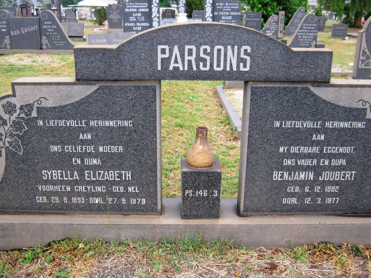 PARSONS Benjamin Joubert 1882-1977 &amp; Sybella Elizabeth formerly GREYLING nee NEL 1893-1979