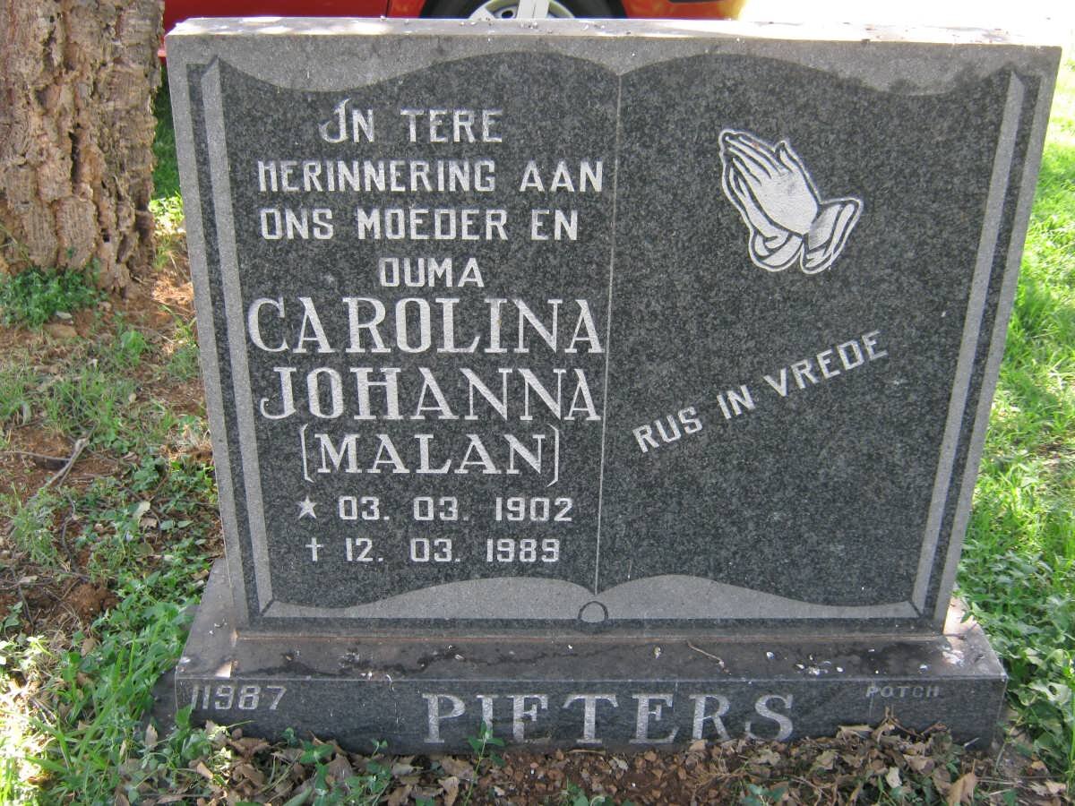 PIETERS Carolina Johanna voorheen MALAN nee BOONZAAIER 1902-1989
