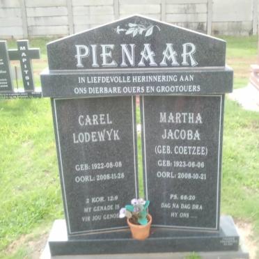 PIENAAR Carel Lodewyk 1922-2008 &amp; Martha Jacoba COETZEE 1923-2008