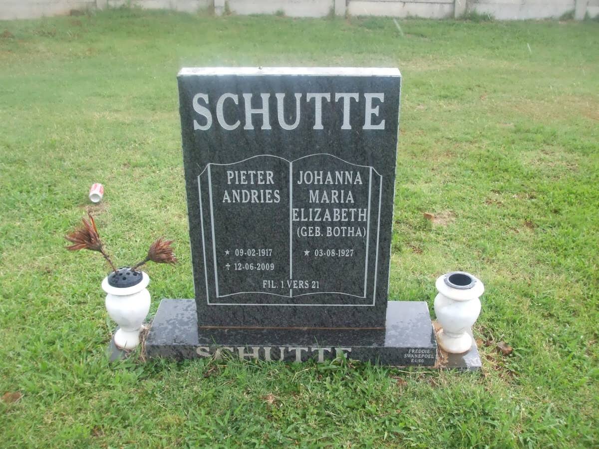 SCHUTTE Pieter Andries 1917-2009 &amp; Johanna Maria Elizabeth BOTHA 1927-