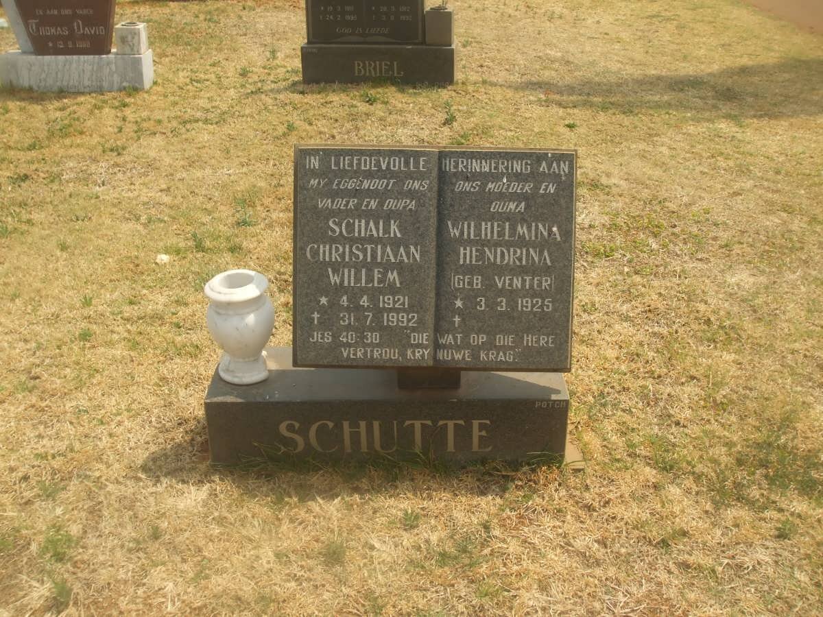 SCHUTTE Schalk Christiaan Willem 1921-1992 &amp; Wilhelmina Hendrina VENTER 1925-2009