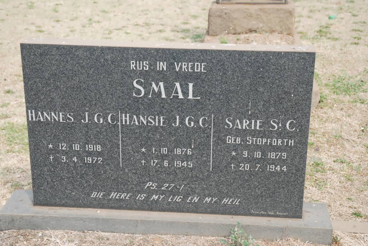 SMAL Hansie J.G.C. 1876-1945 &amp; Sarie S.C. STOPWORTH 1879-1944 :: SMAL Hannes J.G.C. 1918-1972