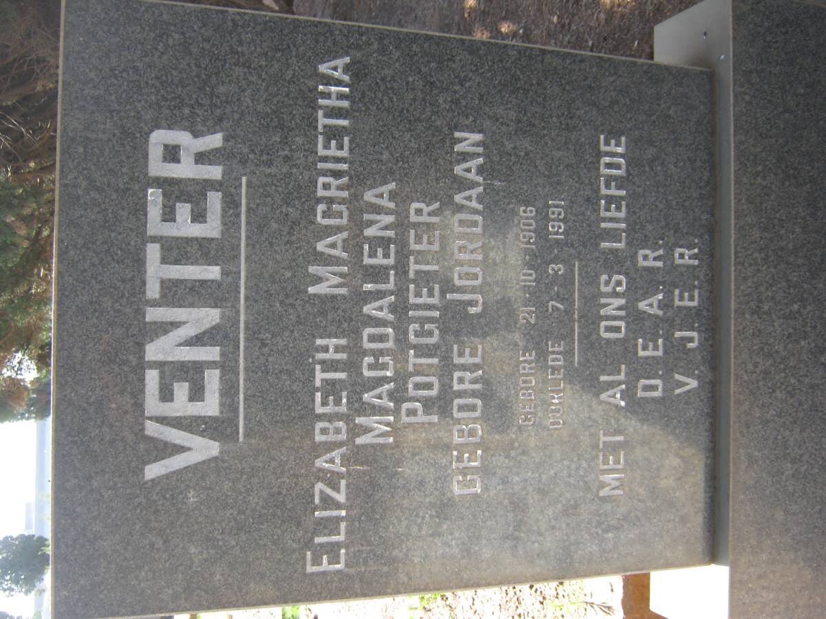 VENTER Elizabeth Magrietha Magdalena Potgieter nee JORDAAN 1906-1991