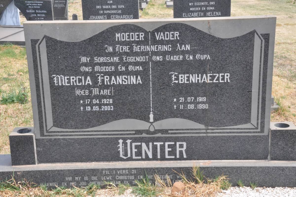 VENTER Ebenhaëser 1919-1990 &amp; Mercia Fransina MARÉ 1928-2003