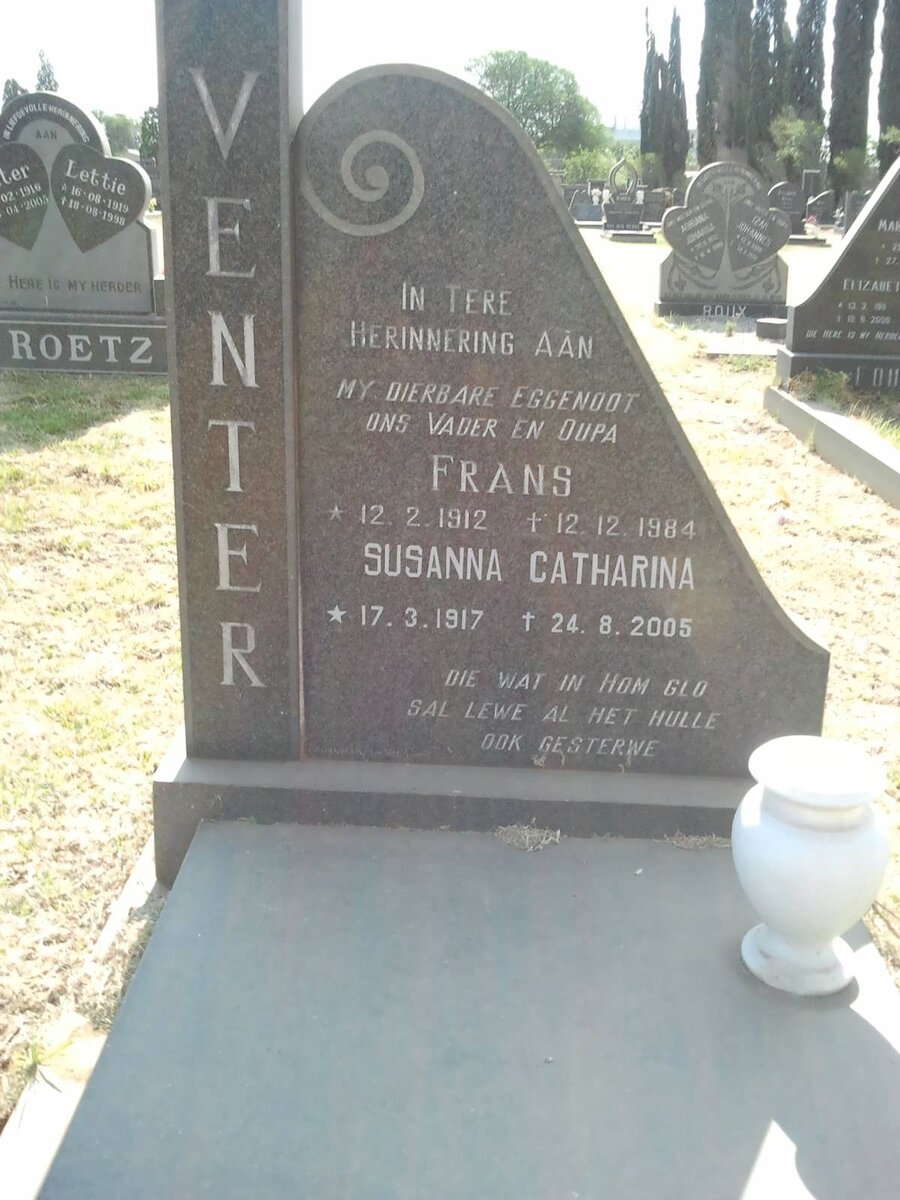 VENTER Frans 1912-1984 &amp; Susanna Catharina 1917-2005