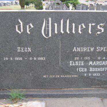 VILLIERS Andrew Spencer, de 1915-1977 &amp; Elsie Margaretha BOSHOFF 1933-2007 :: DE VILLIERS Deon 1956-1983