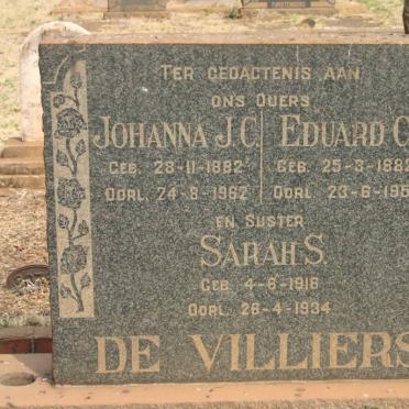 VILLIERS Eduard C., de 1882-1956 &amp; Johanna J.C. 1882-1962 :: DE VILLIERS Sarah S. 1916-1934