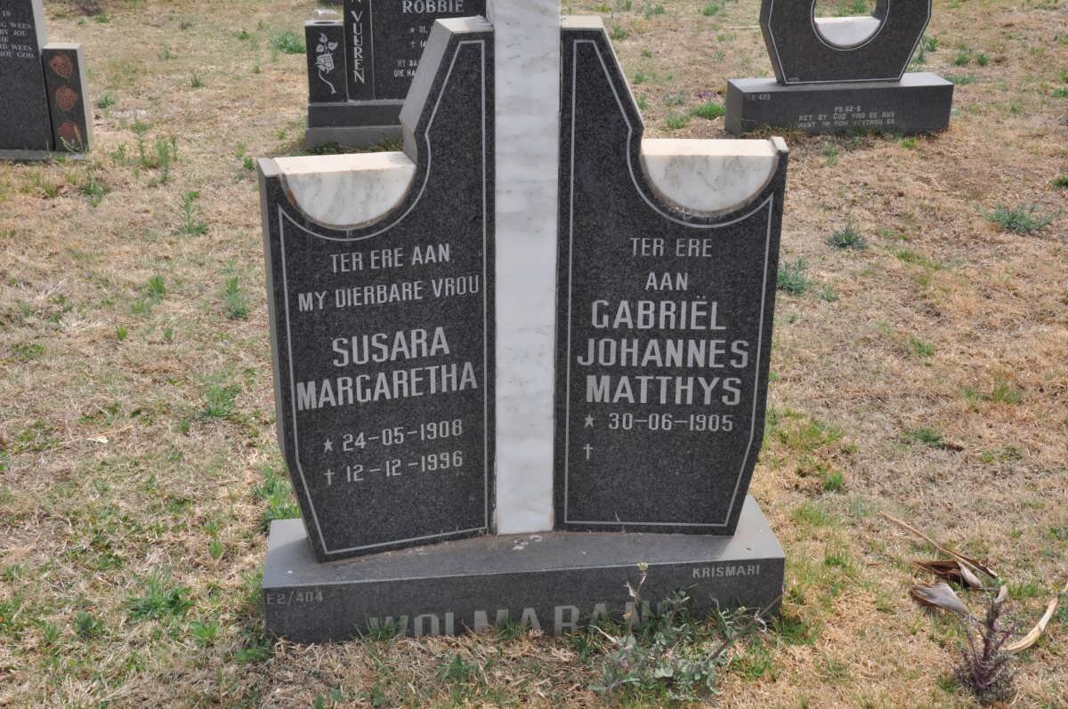 WOLMARANS Gabriël Johannes Matthys 1905- &amp; Susara Margaretha 1908-1996