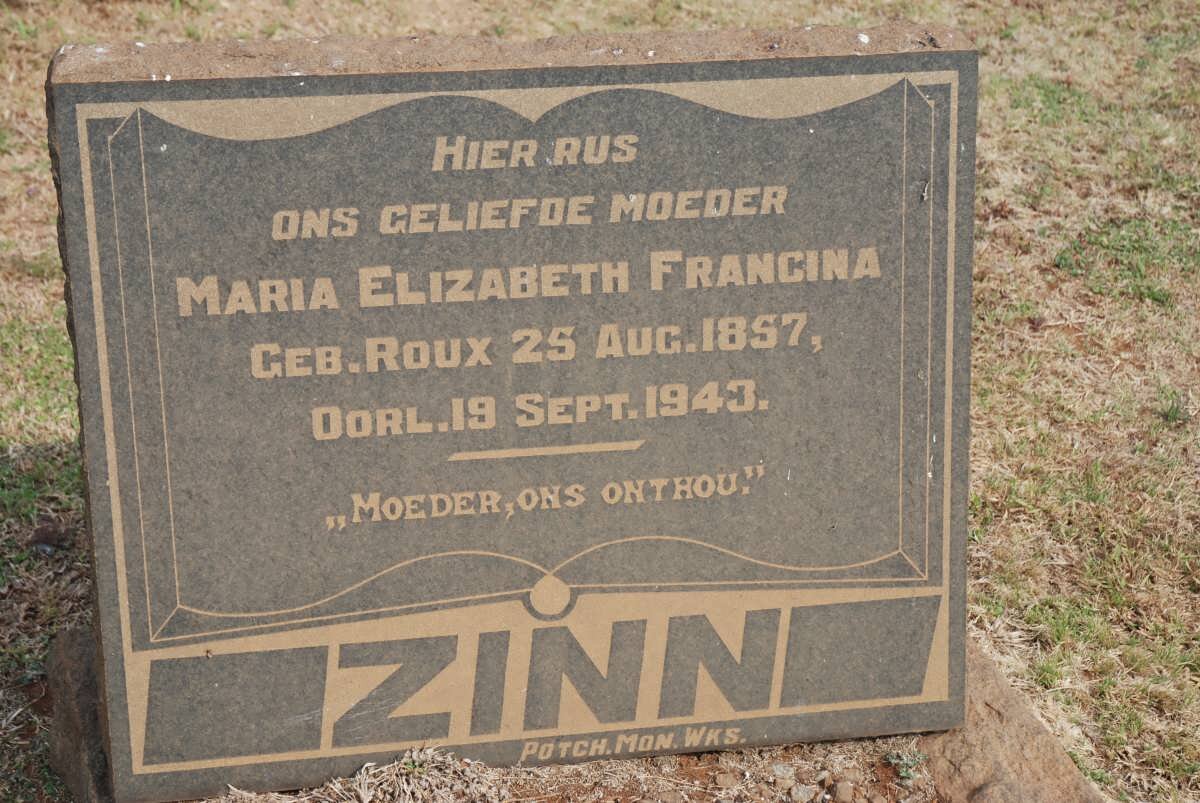 ZINN Maria Elizabeth Francina nee ROUX 1857-1943