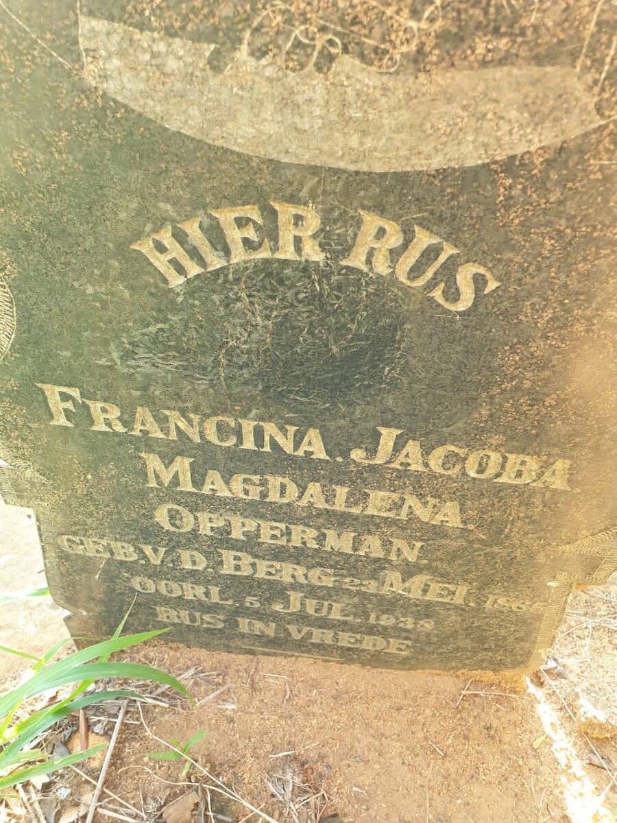 OPPERMAN Francina Jacoba Magdalena nee V.D. BERG 1865-1938