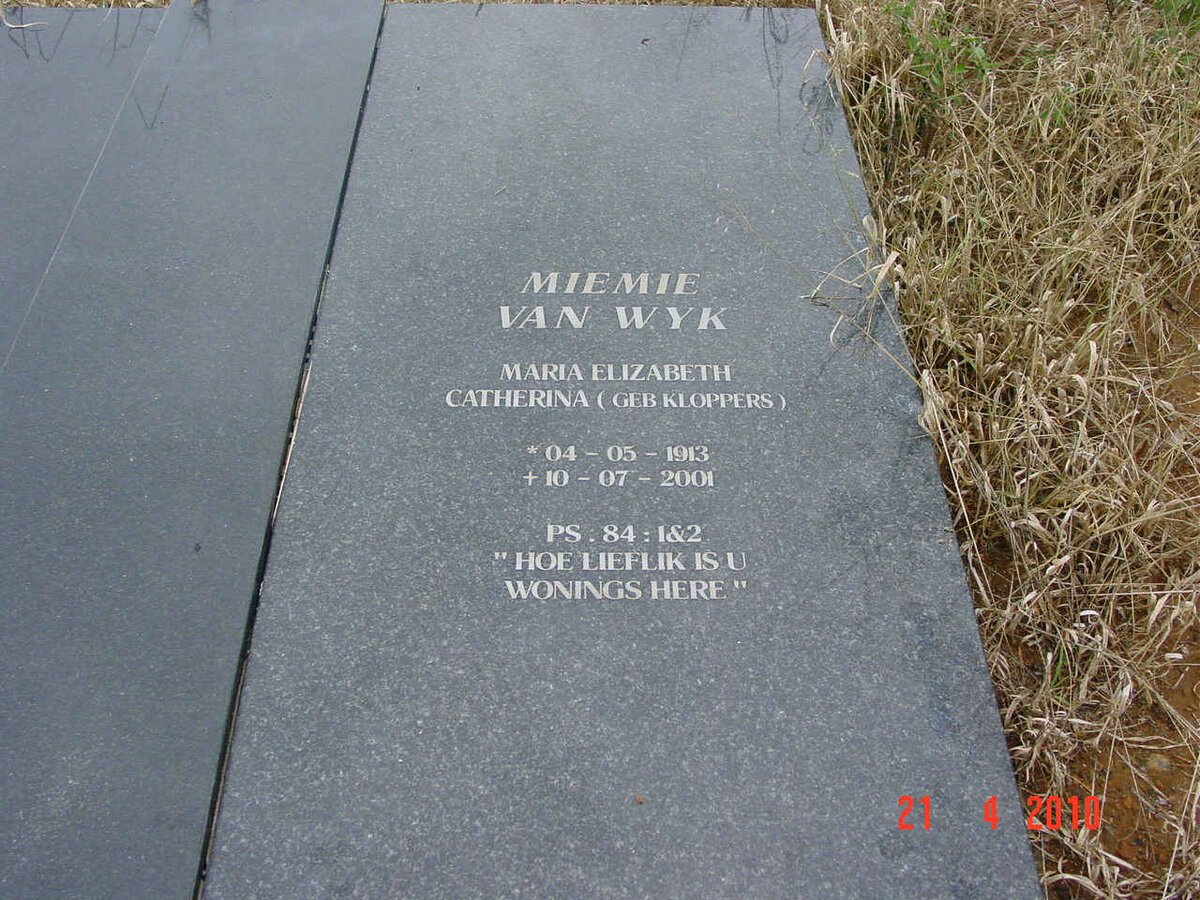 WYK Maria Elizabeth Catharina, van nee KLOPPERS 1913-2001