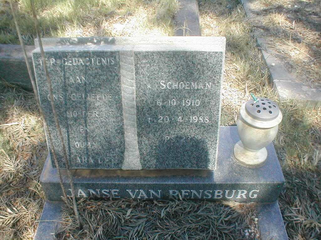 RENSBURG, Janse van geb. SCHOEMAN 1910-1988