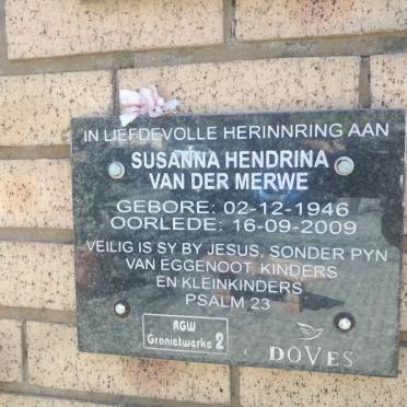 MERWE Susanna Hendrina, van der 1946-2009