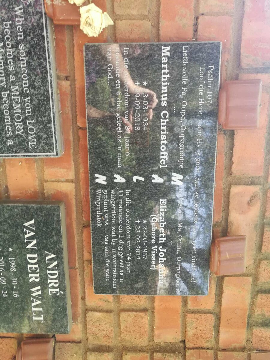 MALAN Marthinus Christoffel 1934-2018 &amp; Elizabeth Johanna VISSER 1937-2012