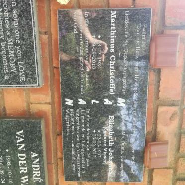 MALAN Marthinus Christoffel 1934-2018 &amp; Elizabeth Johanna VISSER 1937-2012