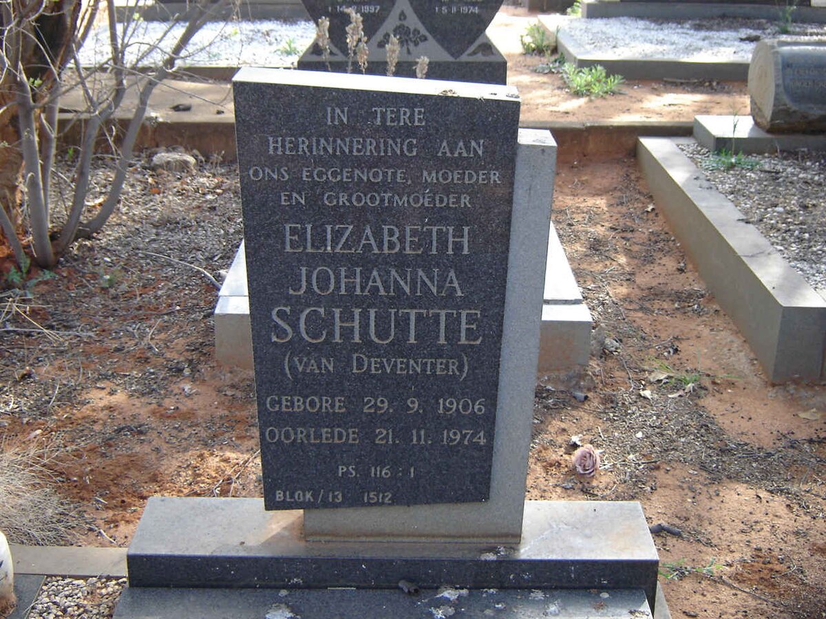 SCHUTTE Elizabeth Johanna nee VAN DEVENTER 1906-1974
