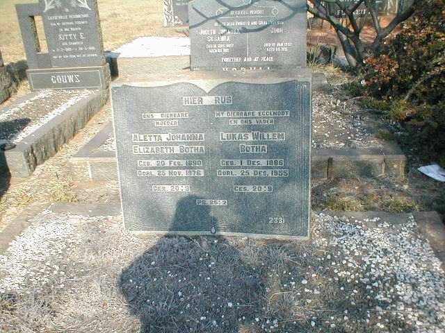 BOTHA Lukas Willem 1886-1955 &amp; Aletta Johanna Elizabeth 1890-1976