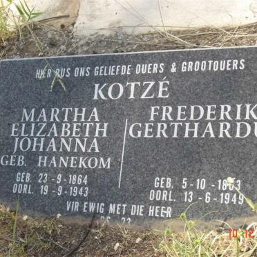 KOTZÉ Frederik Gerhardus 1863-1949 &amp; Martha Elizabeth Johanna HANEKOM 1864-1943