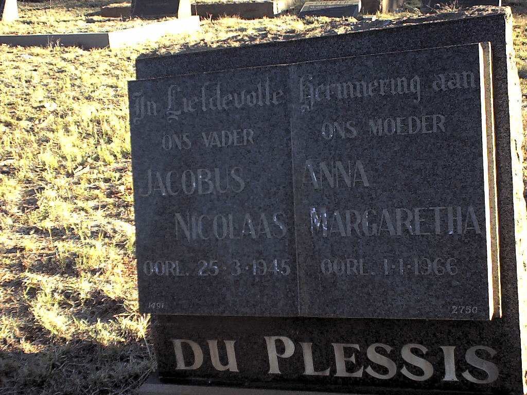PLESSIS Jacobus Nicolaas, du -1945 &amp; Anna Margaretha -1966