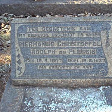 PLESSIS Hermanus Christoffel Adolph, du 1907-1937 :: ERASMUS Gezina Elena 1913-1981