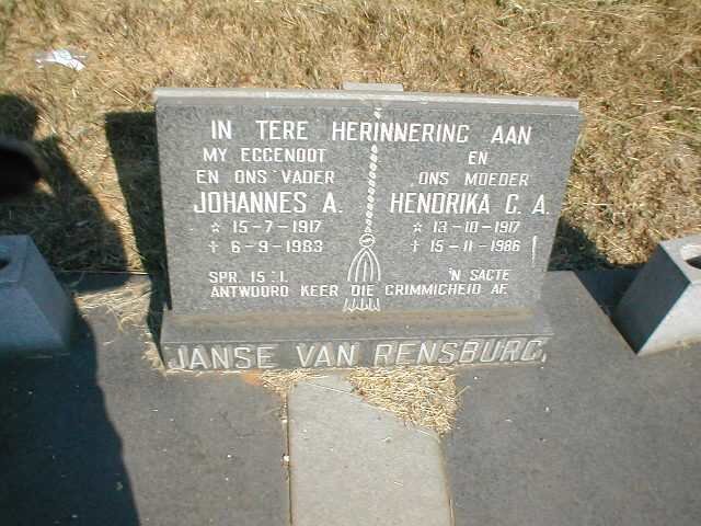 RENSBURG Johannes A., Janse van 1917-1983 &amp; Hendrika C.A. 1917-1986