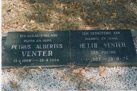 VENTER Petrus Albertus 1909-1994 &amp; Hettie POSTMA 1907-1975