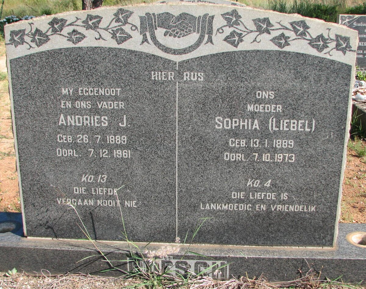 ROESCH Andries J. 1889-1961 &amp; Sophia LIEBEL 1889-1973