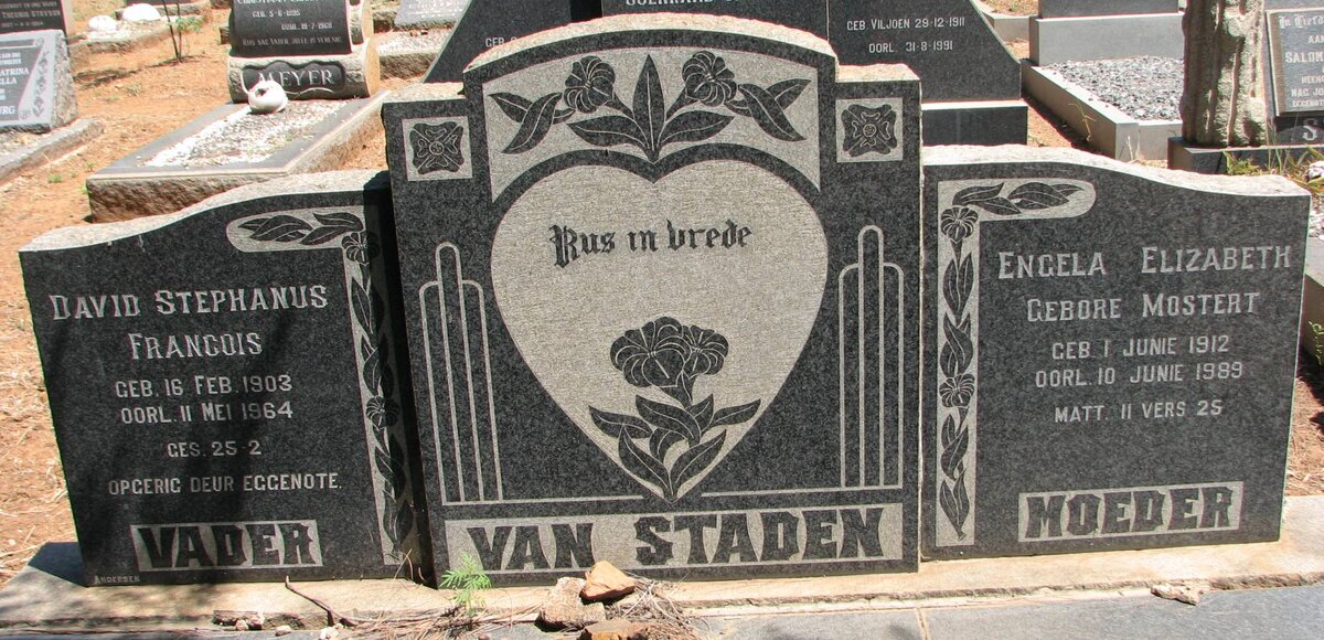 STADEN David Stephanus Francois, van 1903-1964 Engela Elizabeth MOSTERT 1912-1989