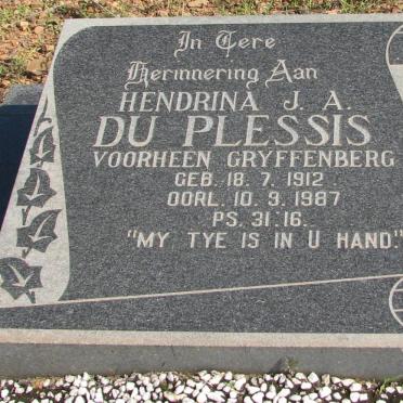 PLESSIS Hendrina J.A., du voorheen GRYFFENBERG 1912-1987