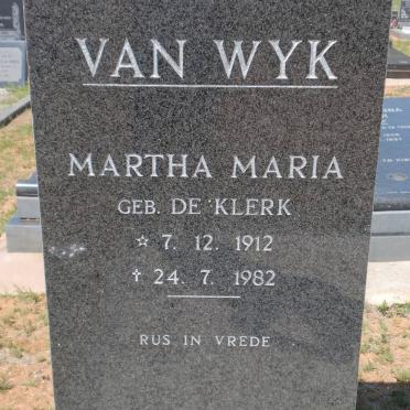 WYK Martha Maria nee DE KLERK van 1912-1982