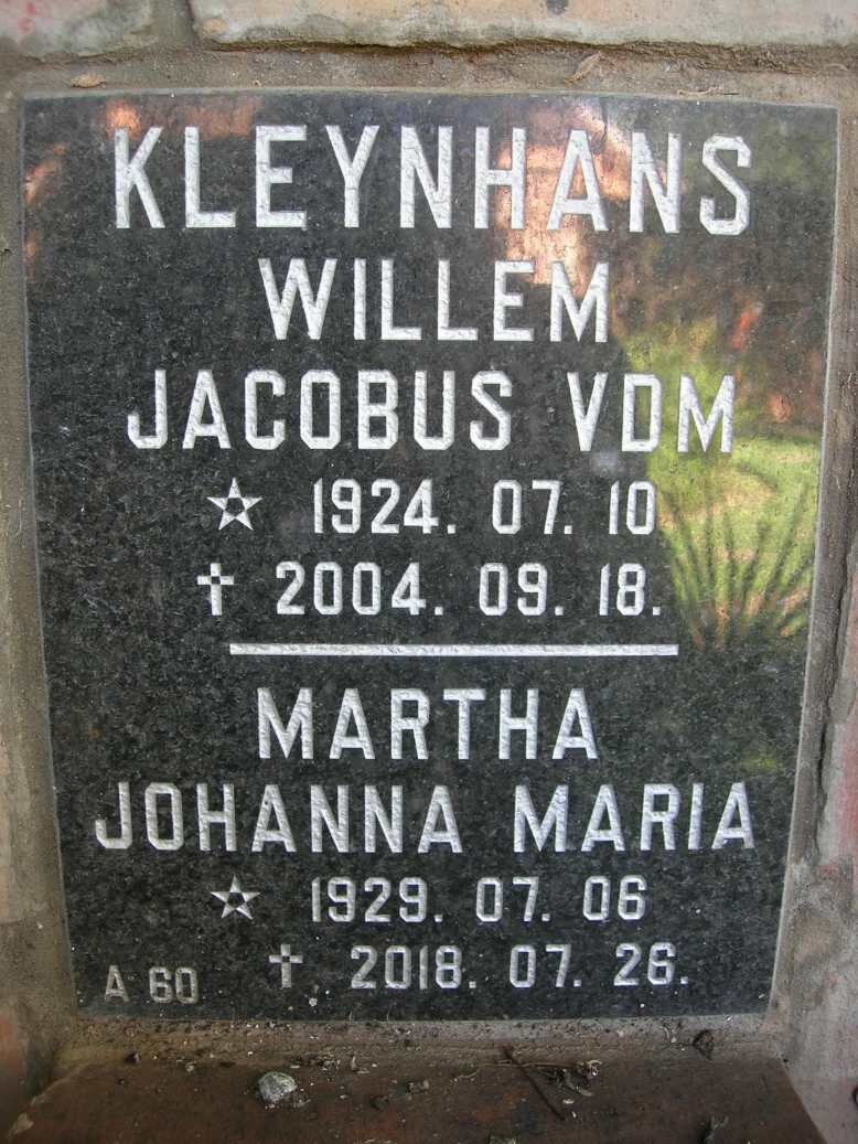 KLEYNHANS Willem Jacobus Vdm 1924-2004 &amp; Martha Johanna Maria 1929-2018