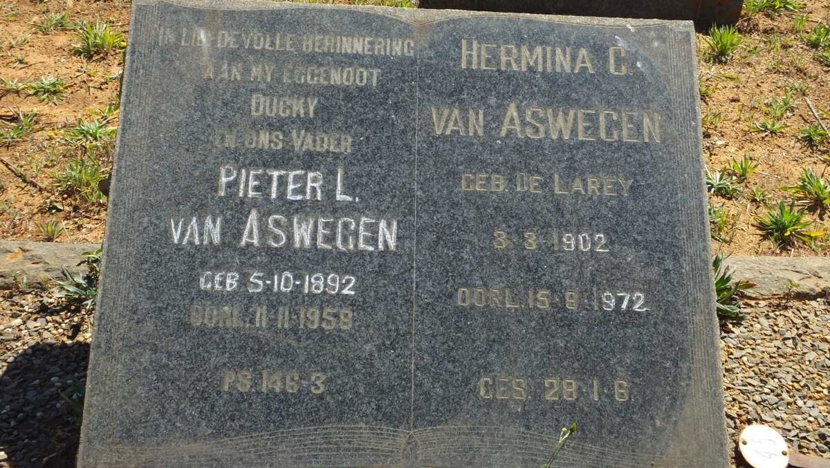 ASWEGEN Pieter L., van 1892-1958 &amp; Hermina C. DE LAREY 1902-1972