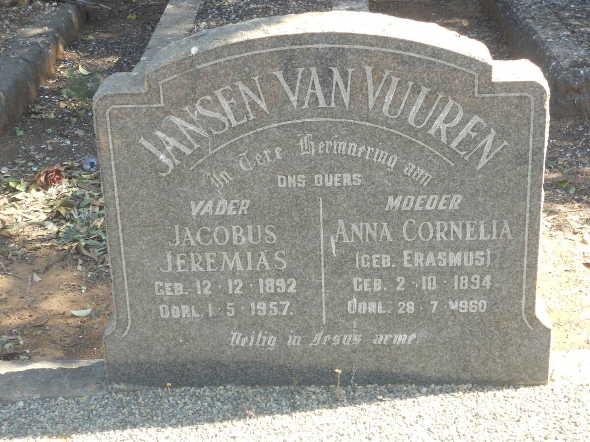 VUUREN Jacobus Jeremias, Jansen van 1892-1957 &amp; Anna Cornelia ERASMUS 1894-1960