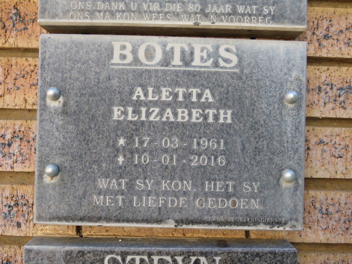 BOTES Aletta Elizabeth 1961-2016