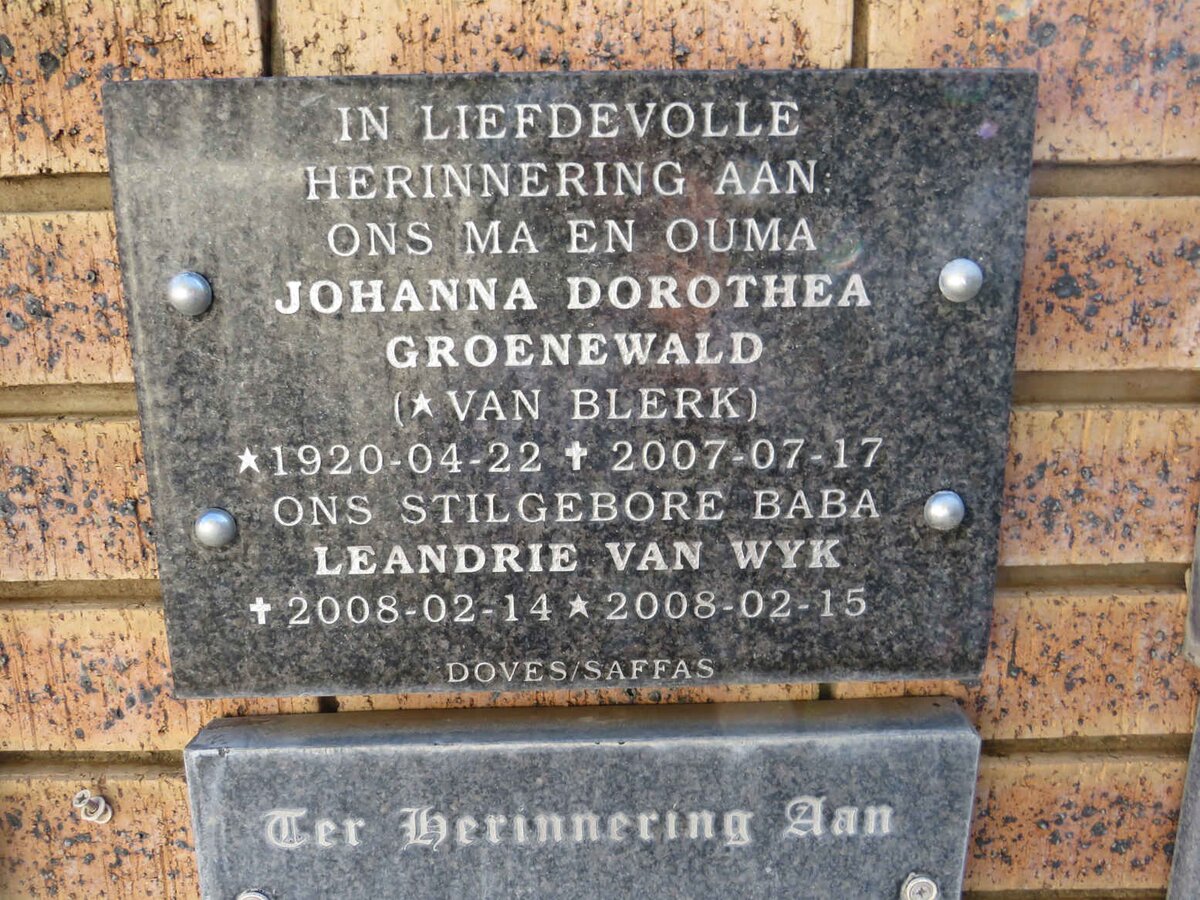GROENEWALD Johanna Dorothea nee VAN BLERK 1920-2007 :: WYK Leandrie, van 2008-2008